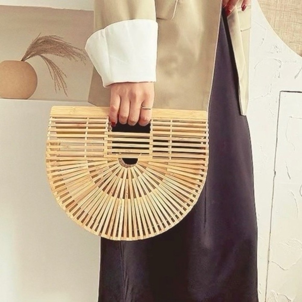 NWOT Bamboo Bag Half Moon Wooden Clutch Boho Handbag